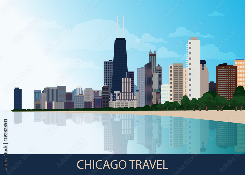 American Urban Chicago city background with skyscrapers, lake Michigan and blue sky. Vector EPS 10