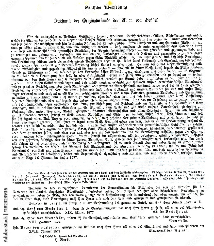 Obraz premium German translation of facsimile of First Union of Brussels, drafted on 9 January 1577 (from Spamers Illustrierte Weltgeschichte, 1894, 5[1], 620/621)