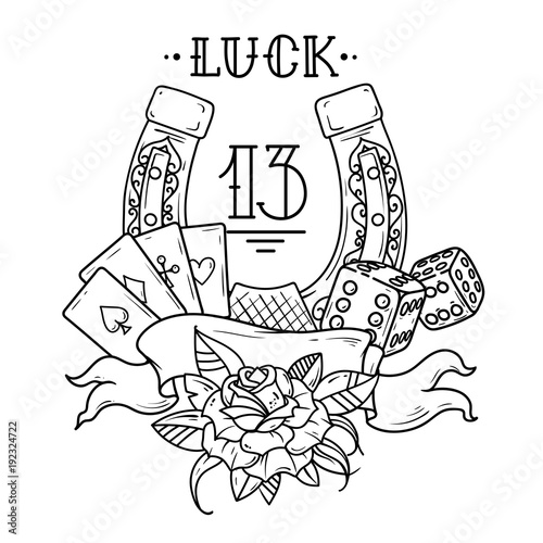 Horseshoe with playing cards,dice,shamrock clover and number 13. Black and white illustration