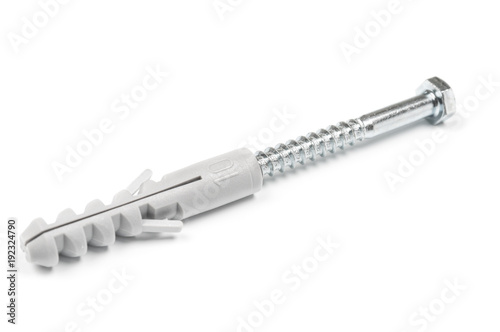 Screw and dowel on white background