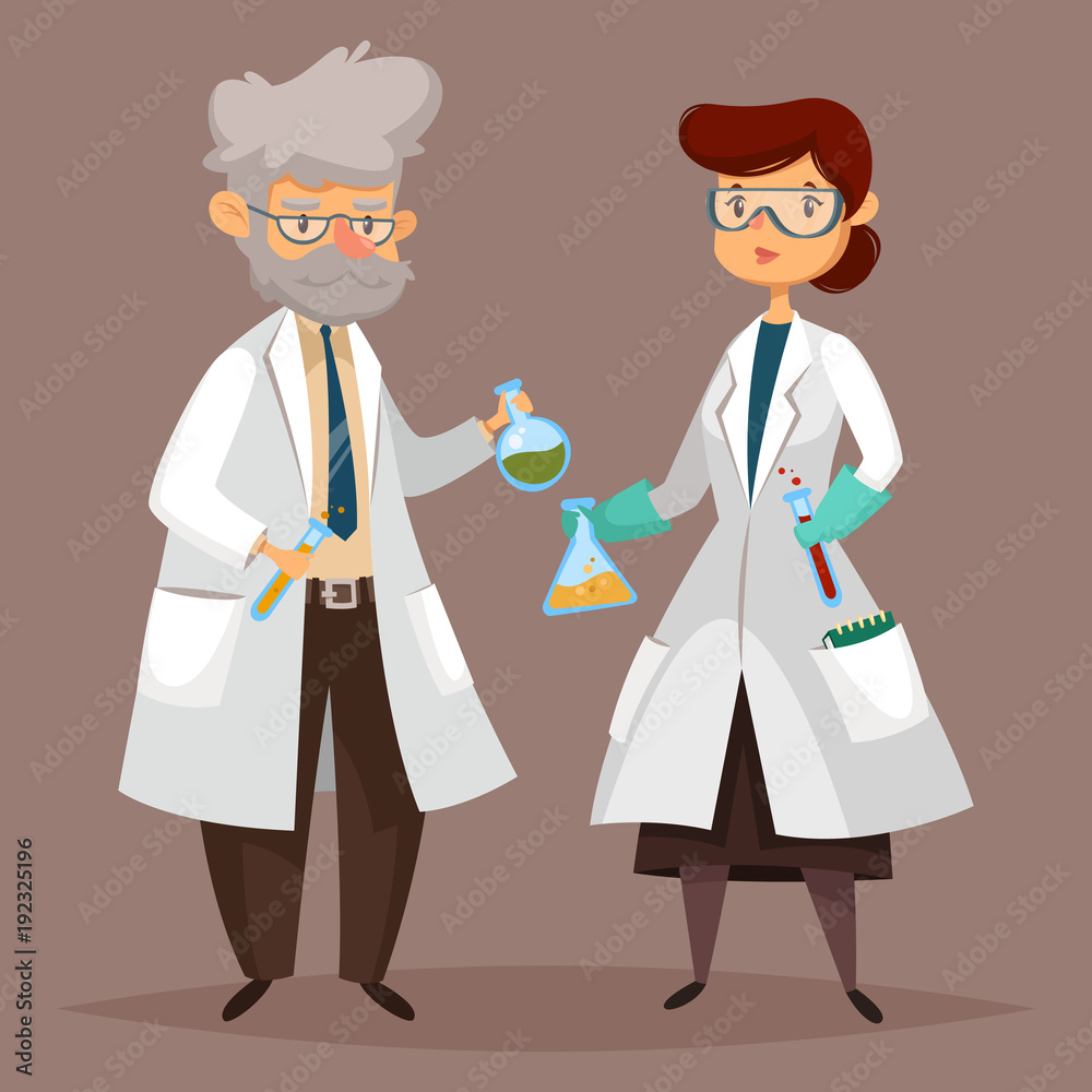 Chemist man, scientist woman with chemical items Chemist man, scientist woman with chemical items