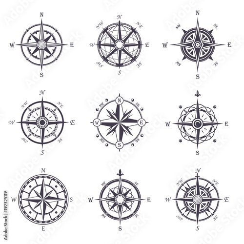 Wind rose or old, vintage compass heraldic icons
