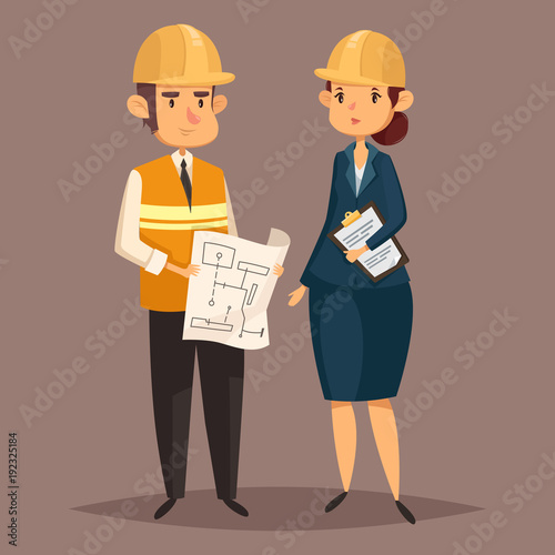 Male engineer worker with plan and woman in helmet