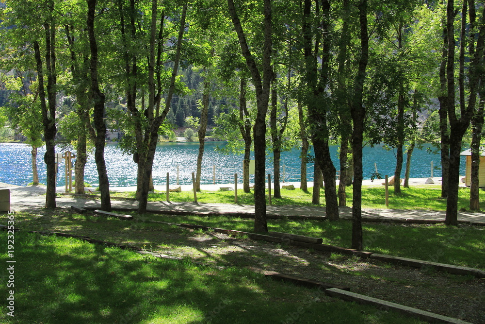 Lake in the bottom of a valley surrounded by high mountains, green meadows, forests (Pyrenees)