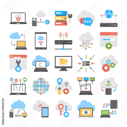 Collection Of Cloud Computing and Web Hosting Flat Icons