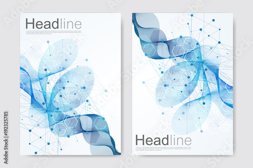 Scientific brochure design template. Vector flyer layout, Molecular structure with connected lines and dots. Scientific pattern atom DNA with elements for magazine, leaflet, cover, poster design.