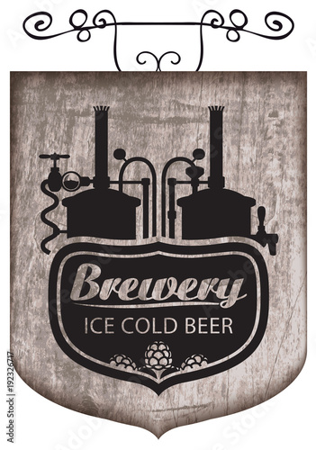 Vector street signboard or banner for ice cold beer with a lettering and hops and image of brewery production line and brewing equipment on a wooden background in retro style.