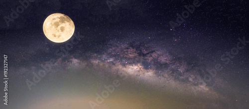 Landscape with Milky way galaxy. Night sky with stars and the full moon. (Elements of this moon image furnished by NASA)