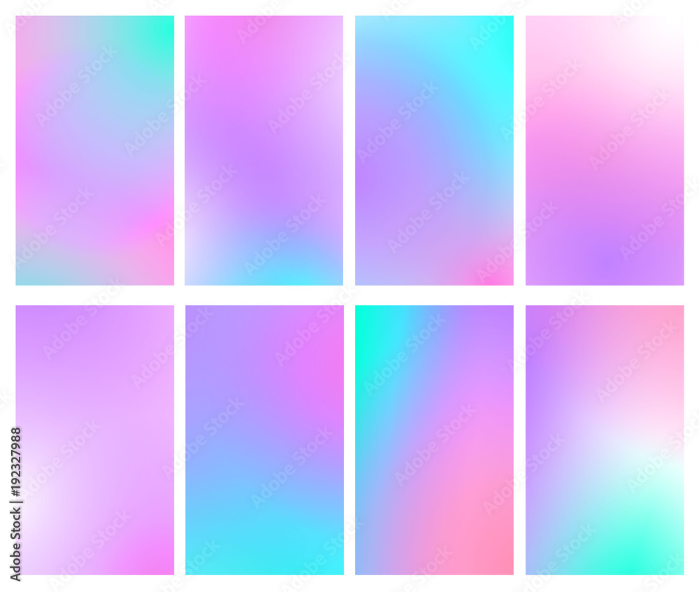 Fluid iridescent multicolored backgrounds. Vector illustration of fluids. Background set with holographic neon effect. Phone screen set.