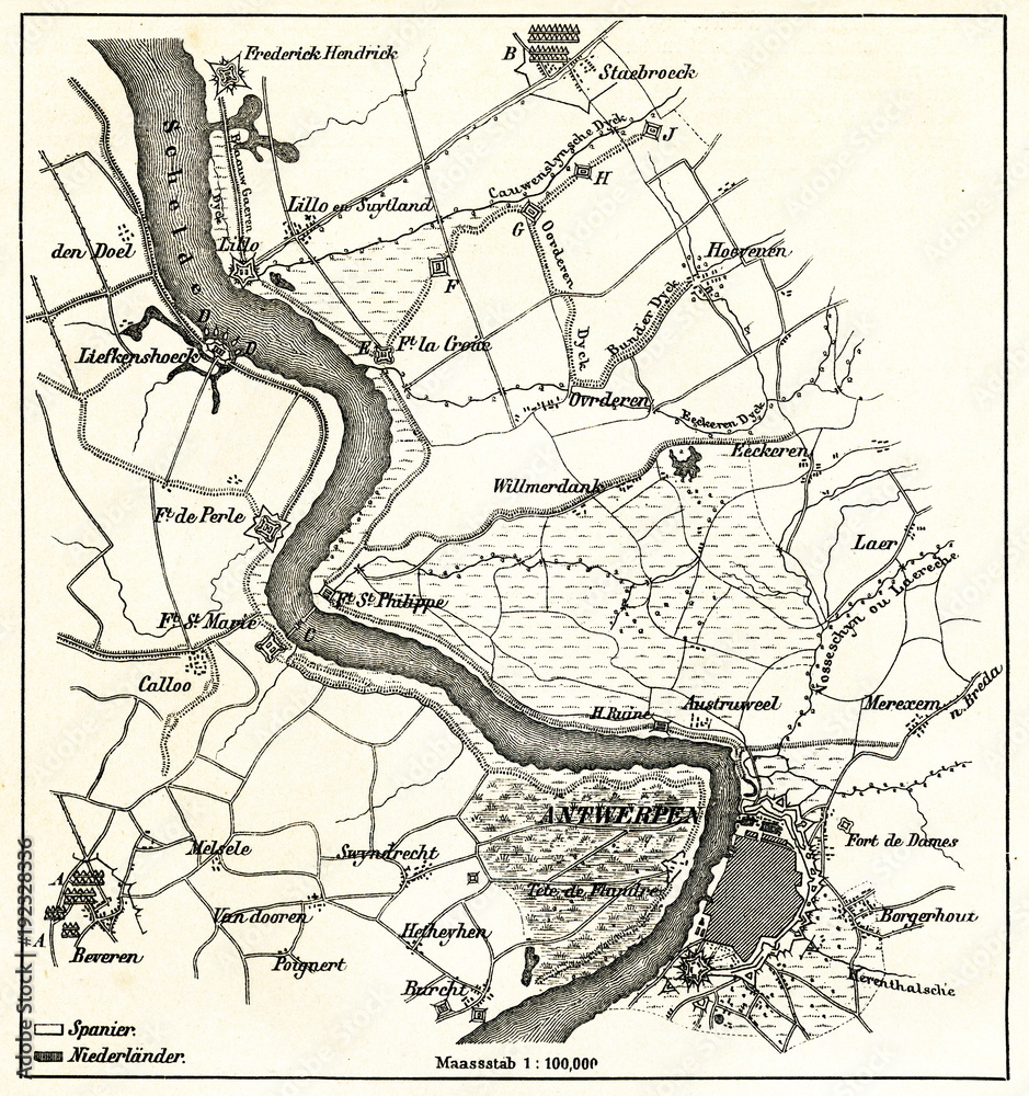 Obraz premium Oblężenie Antwerpii podczas wojny osiemdziesięcioletniej od lipca 1584 do sierpnia 1585 (od Spamers Illustrierte Weltgeschichte, 1894, 5 [1], 634)
