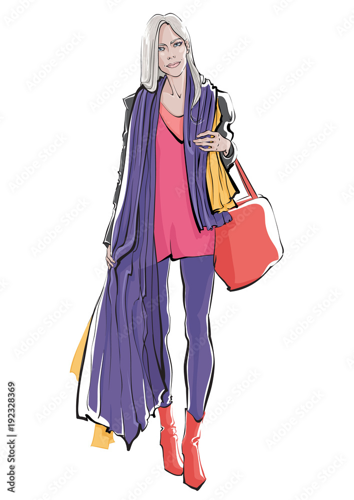 girl with shopping bags drawing