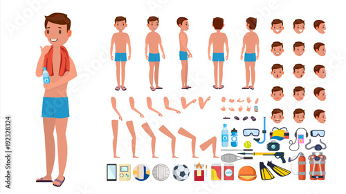 Man In Swimsuit Vector. Animated Male Character In Swimming Trunks. Summer Beach Creation Set. Full Length, Front, Side, Back View. Poses, Face Emotions, Gestures. Isolated Flat Cartoon Illustration