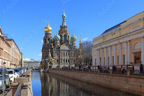 View in the spring afternoon of Church of the Savior on Blood and Griboyedov Canal in St. Petersburg