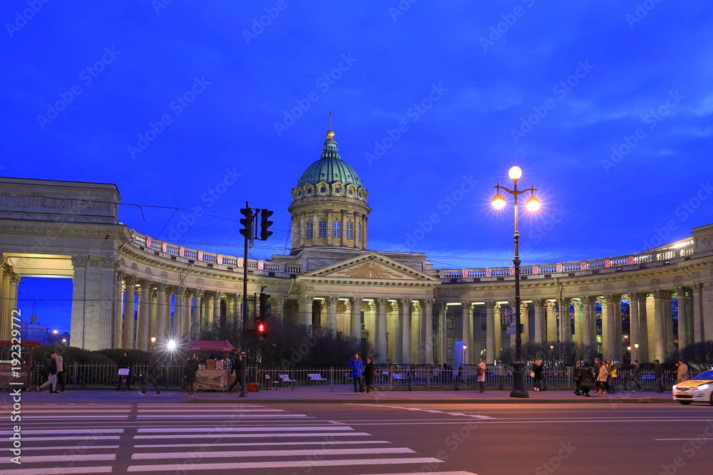 Kazan Cathedral in the evening on the background of blue sky in St. Petersburg