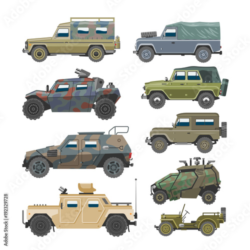 Military vehicle vector army car and armored truck or armed machine illustration set of war transportation isolated on white background
