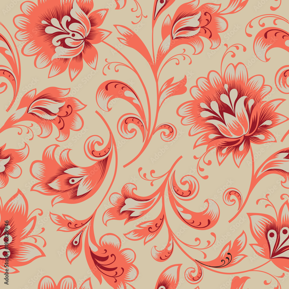 Floral seamless pattern. Flower swirl background. Ornamental brocade easten painting