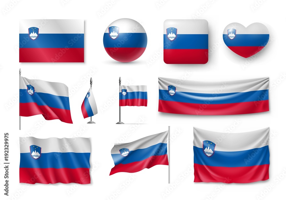 Set Slovenia flags, banners, banners, symbols, flat icon. Vector illustration of collection of national symbols on various objects and state signs Set Slovenia flags, banners, banners, symbols, flat icon. Vector illustration of collection of national symbols on various objects and state signs
