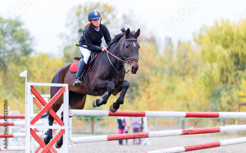 Young rider girl on bay horse jumping over barrier on equestrian sport competition. Horseback girl on show jumping contest