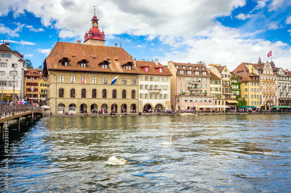 Beautiful river cityscape with white swan in Lucerne, Switzerland