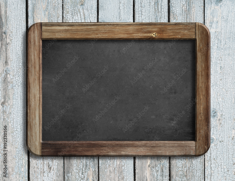 Aged blackboard hanging on white wooden wall 3d illustration Aged blackboard hanging on white wooden wall 3d illustration