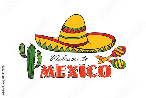 Mexican icon. Welcome to Mexico sign. Travel sign with cactus, sombrero photo
