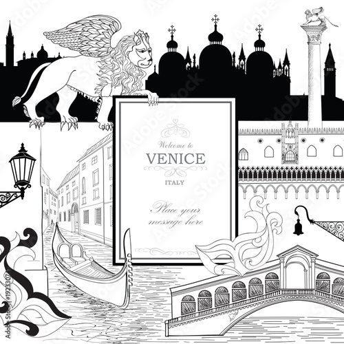 Venice city background. Tourist landmarks gondola and venetian carnival mask photo
