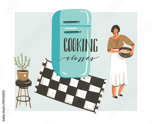 Hand drawn vector abstract modern cartoon cooking class illustrations poster with retro vintage woman chef,refrigerator and handwritten calligraphy Cooking classes isolated on white background