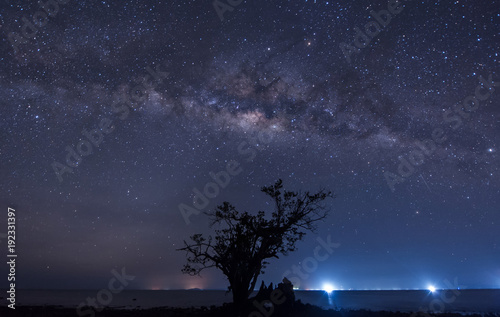 starry night sky milky way galaxy. image contain soft focus, blur and noise due to long expose and high iso.