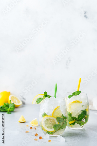 Cold alcohol mojito cocktail, long drink beverage, lemonade