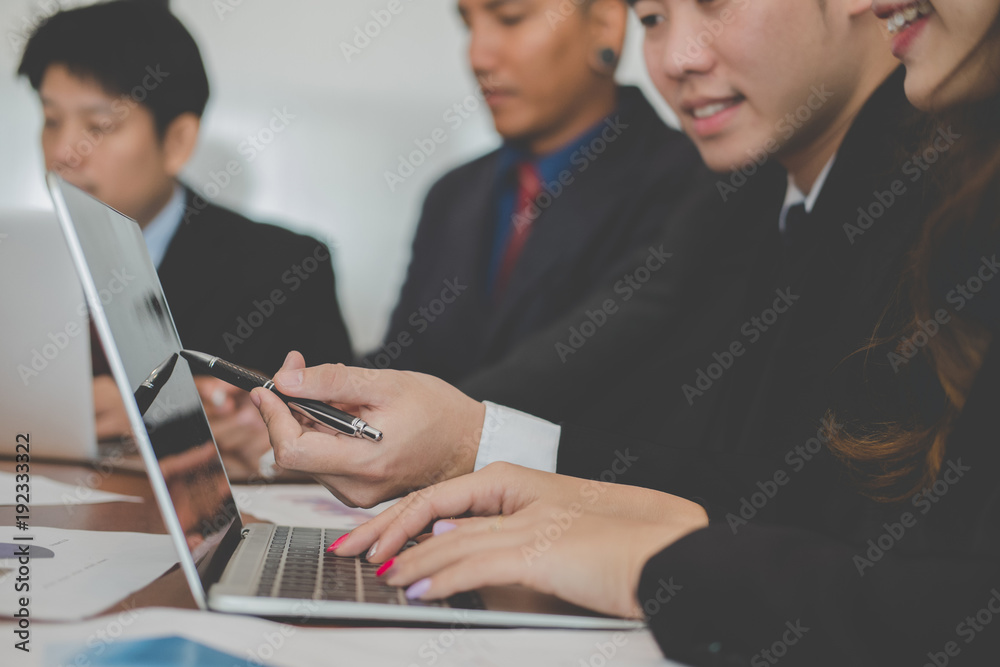 Fototapeta premium business people having meeting. businessman, businesswoman working with financial chart report. startup man & woman discussing market plan at workplace. discussion, teamwork, collaboration, corporate 