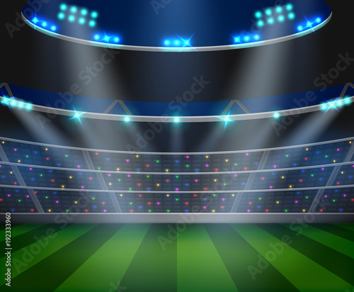 Football arena field with bright stadium lights design. Vector illustration