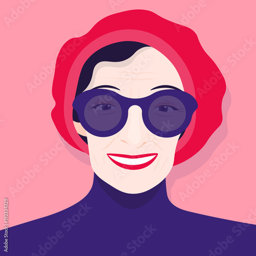 Portrait of an old woman in a beret and sunglasses. Avatar cheerful pensioner. Vector illustration