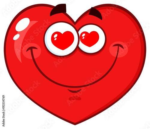 Red Heart Cartoon Emoji Face Character With Hearts Eyes. Illustration Isolated On White Background