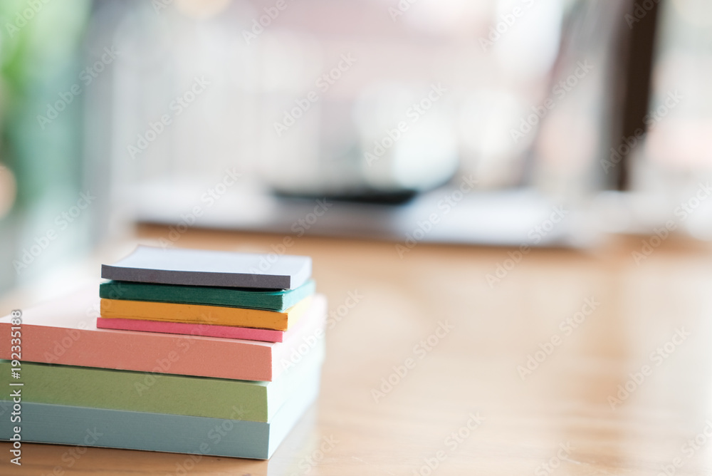 sticky note, notebook on wood desk at office workplace. business, workspace, education concept. sticky note, notebook on wood desk at office workplace. business, workspace, education concept.