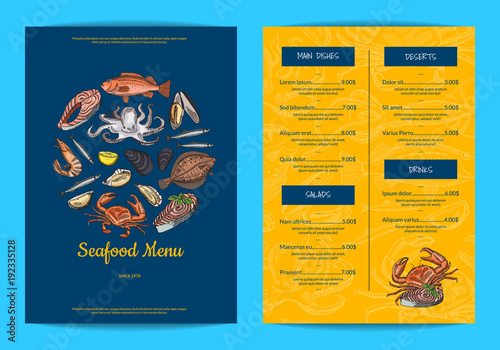 Vector menu template for restaurant, shop or cafe with hand drawn seafood elements
