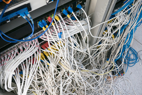 The tangled cable in rack cabinet