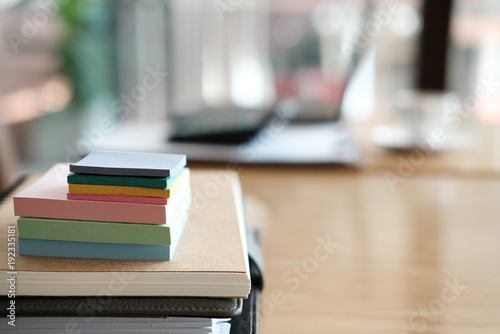 sticky note, notebook on wood desk at office workplace. business, workspace, education concept. © 88studio