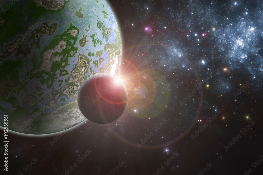 Obraz premium Big fantasy alien planet with rising sun and moon,3D illustration