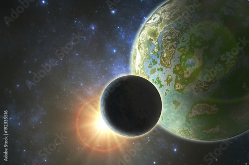 Big fantasy alien planet with rising sun and moon,3D illustration