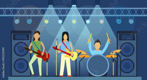 Concert pop group artists on scene music stage night and young rock metall band crowd in front of bright nightclub stage lights vector illustration.