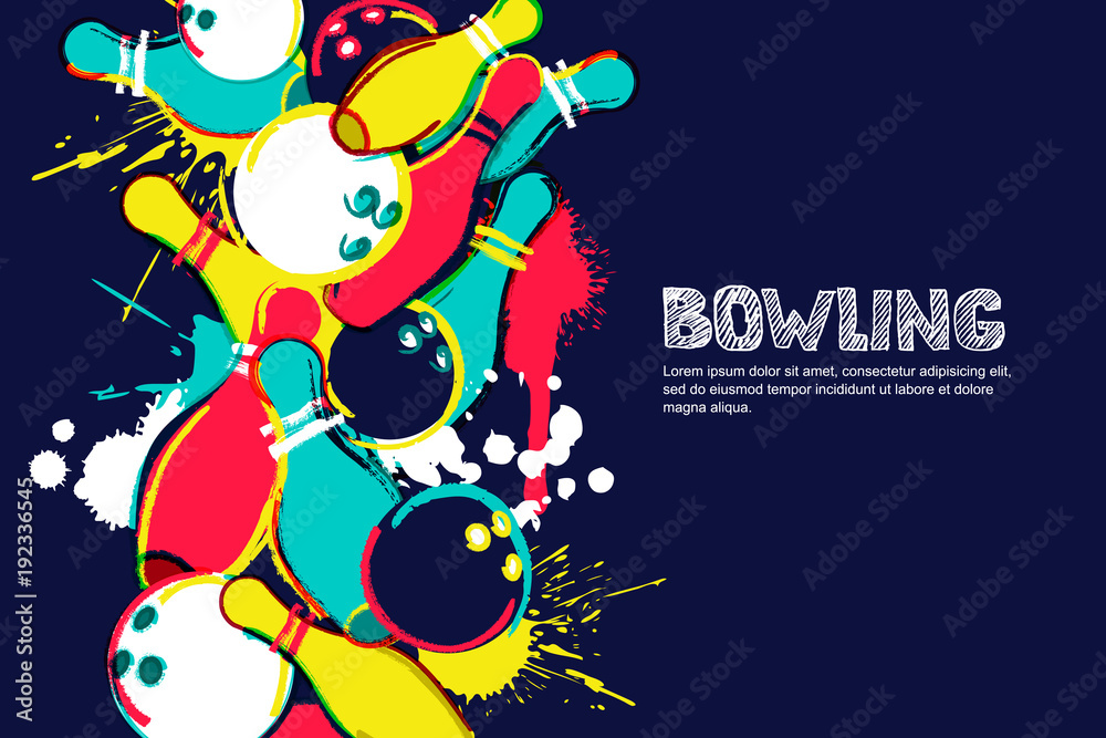 Naklejka premium Vector bowling horizontal dark background. Abstract watercolor illustration. Bowling ball, pins and sketched letters on colorful splash background. Design elements for banner, poster or flyer.