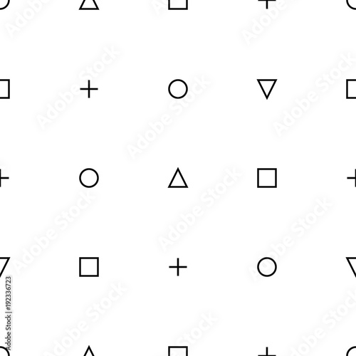 seamless geometric minimalistic pattern with squares, circles, triangles, crosses, retro vintage design. Memphis group style black and white background