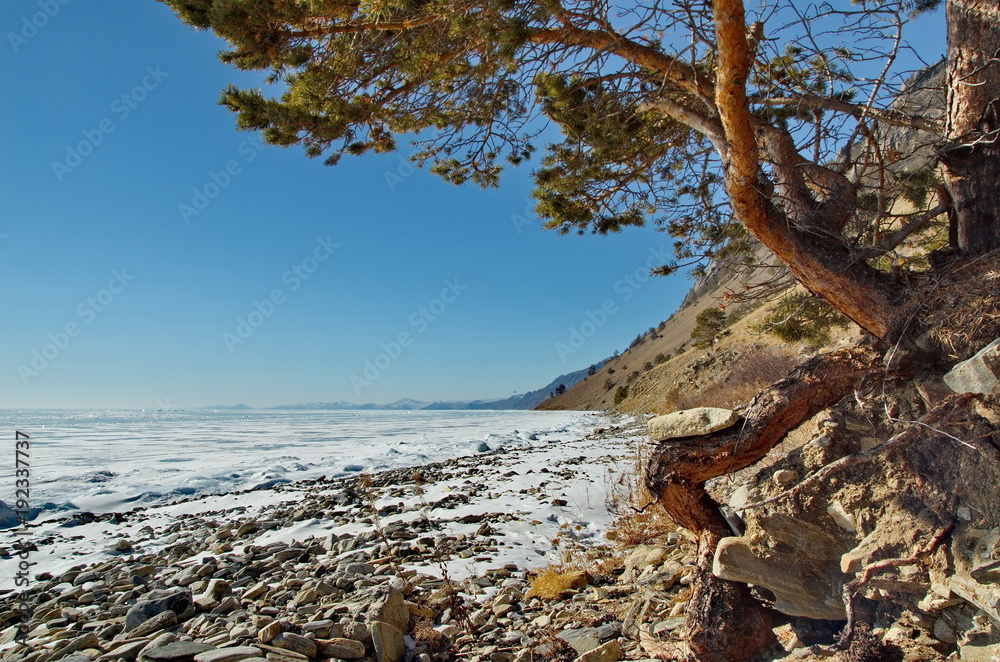 Russia. The Eastern Siberia. Lake Baikal, the sandy shore of the Olkhon island from the Small sea. Russia. The Eastern Siberia. Lake Baikal, the sandy shore of the Olkhon island from the Small sea.