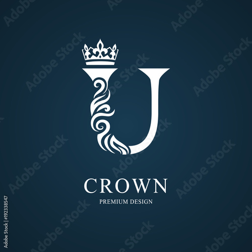 Elegant letter U with crown. Graceful royal style. Calligraphic beautiful logo. Vintage drawn emblem for book design, brand name, business card, Restaurant, Boutique, Hotel. Vector illustration