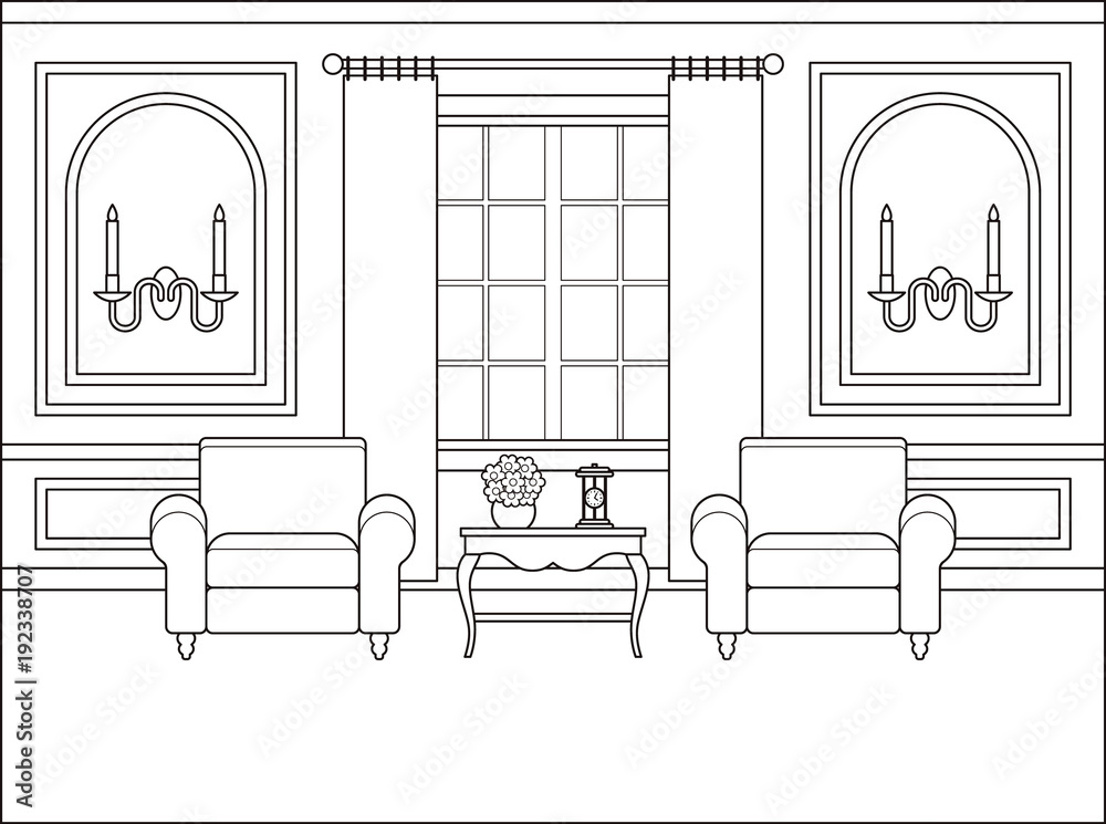 Room interior. Vector. Outline living room. Coloring page. Black white  sketch in classic style. Home space, furniture in flat design. Linear  contour background. Cartoon illustration in line art. Stock Vector | Adobe