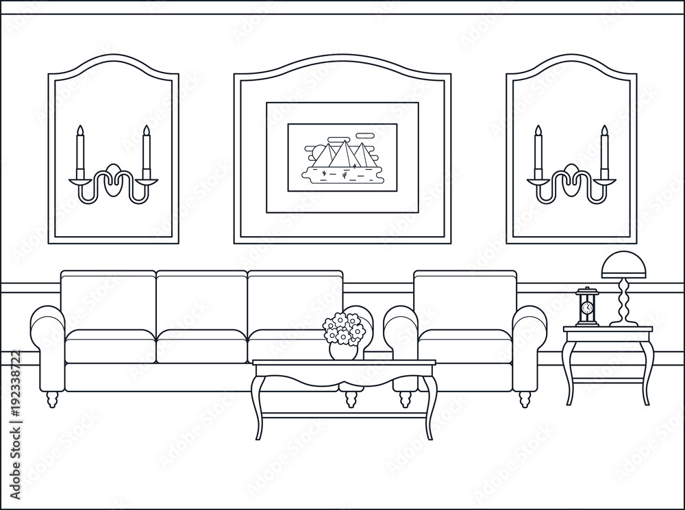 Room interior. Vector. Home flat design with furniture. Outline living  room. Black white sketch in classic style. Coloring page. Linear contour  background. Cartoon illustration in line art House space Stock Vector |