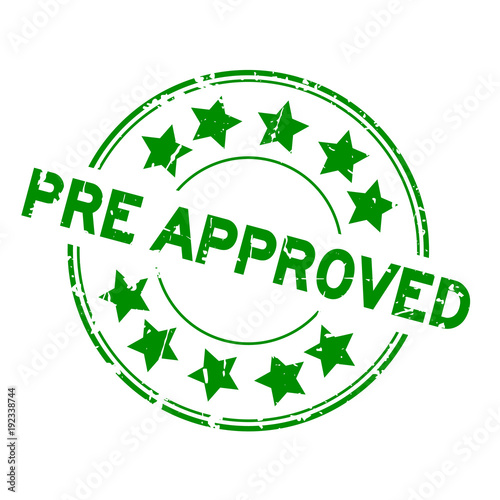 Grunge green pre approved with star icon round rubber seal stamp on white background