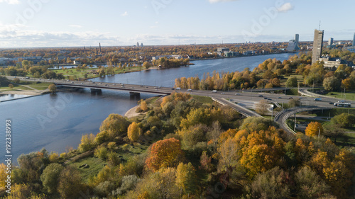 Riga Latvia Daugava river Zakusala island Aerial drone top view