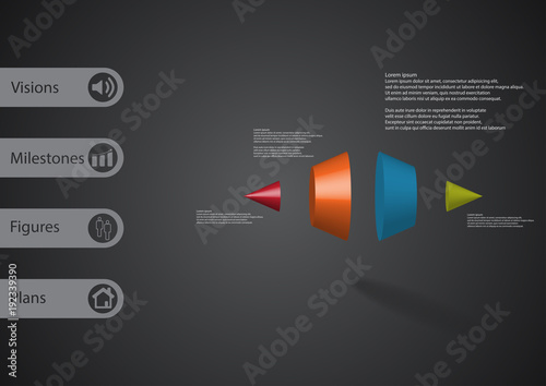 3D illustration infographic template with two spiked cone vertically divided to four parts