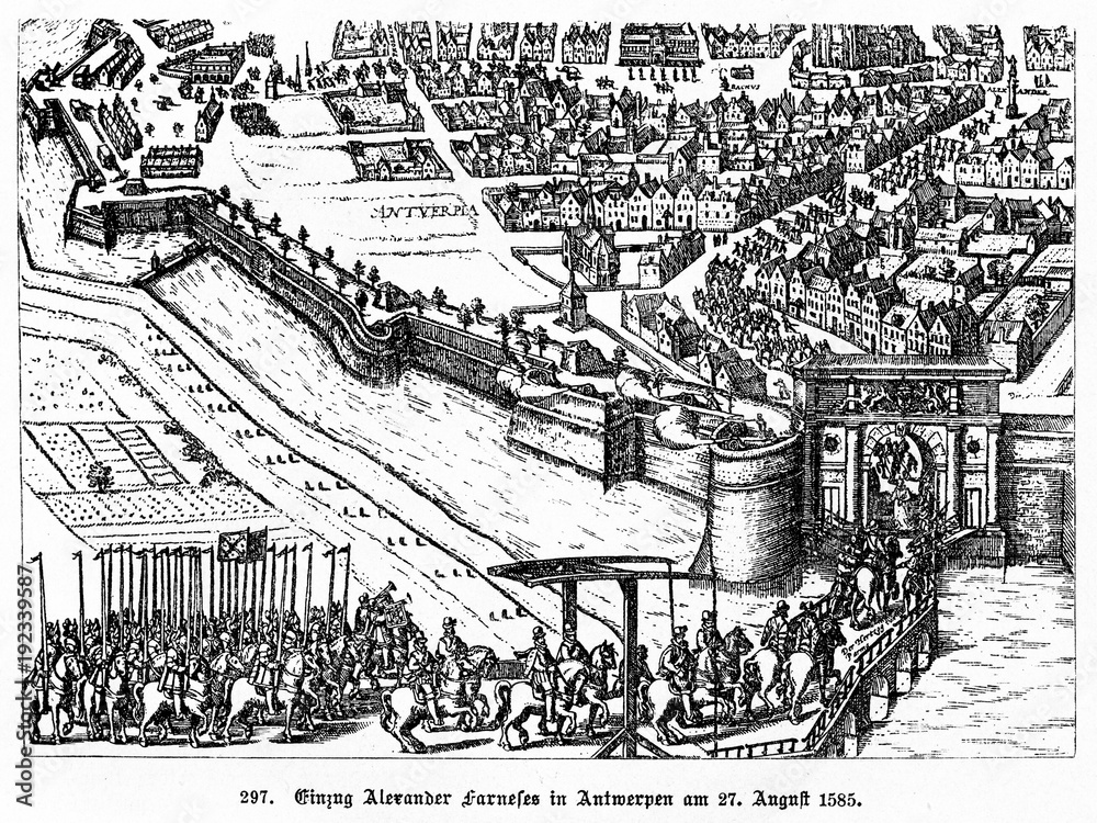 The spanish troops of Alexander Farnese arrive in Antwerp on 27 August 1585 (from Spamers Illustrierte Weltgeschichte, 1894, 5[1], 637)